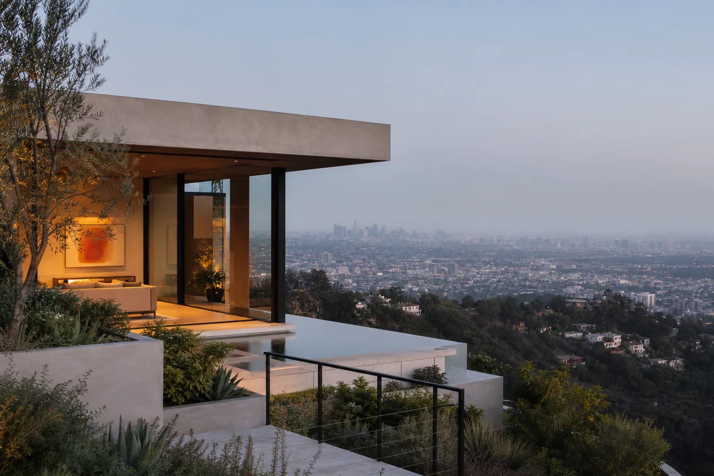 UrbanCove-generated editorial Los Angeles residential context with modern hillside architecture and an urban basin view; not an exact property or listing