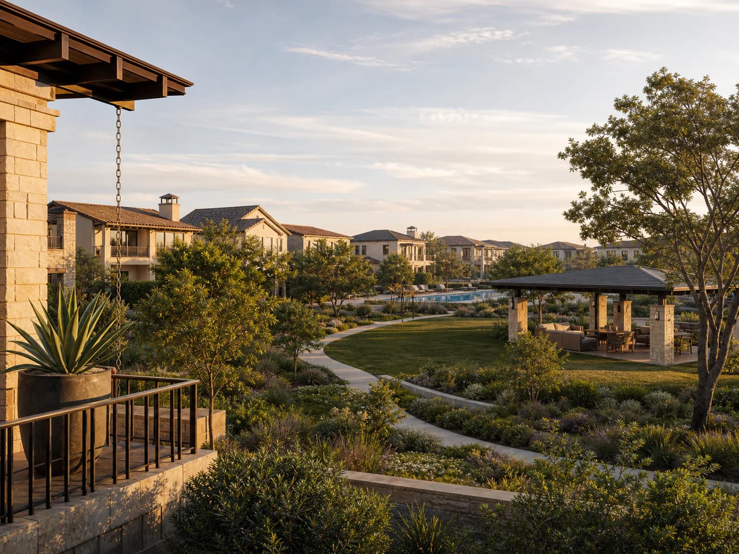 Source-correlated editorial illustration of refined newer residences arranged around landscaped open space, paths, and a shared pavilion