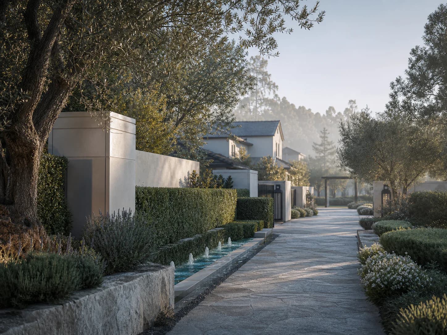 Source-correlated editorial illustration of a refined landscaped residential approach with a private path and newer homes