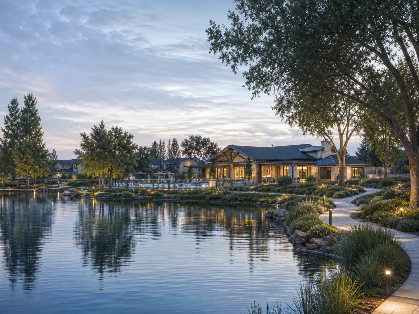 Source-correlated editorial illustration of a lake-oriented residential setting with shoreline paths, landscaping, and a shared clubhouse